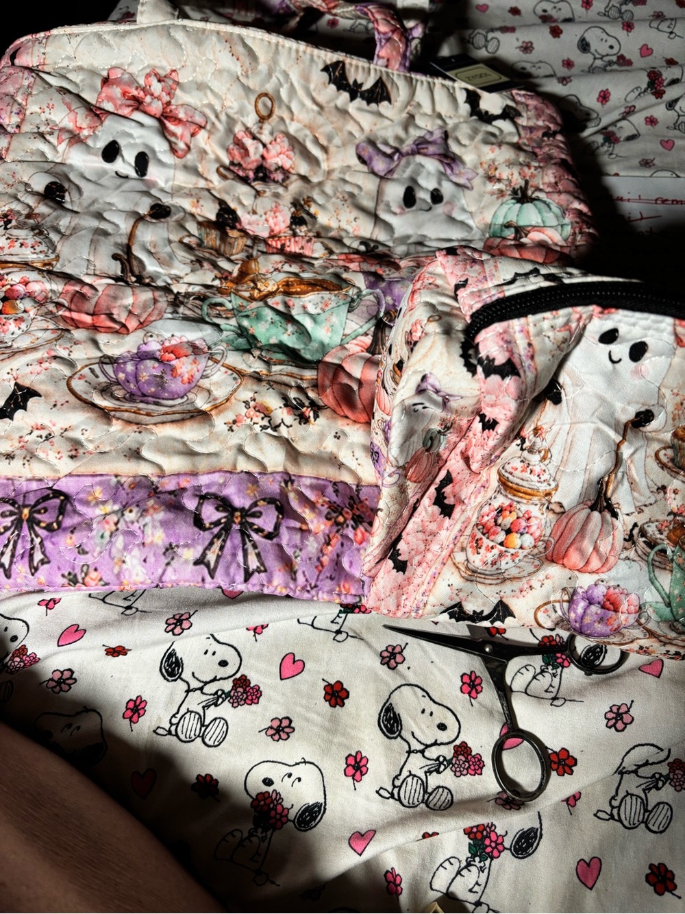 Quilted Cosmetic Pouch with Ghost & Teacup Print - White, Pink, Purple
